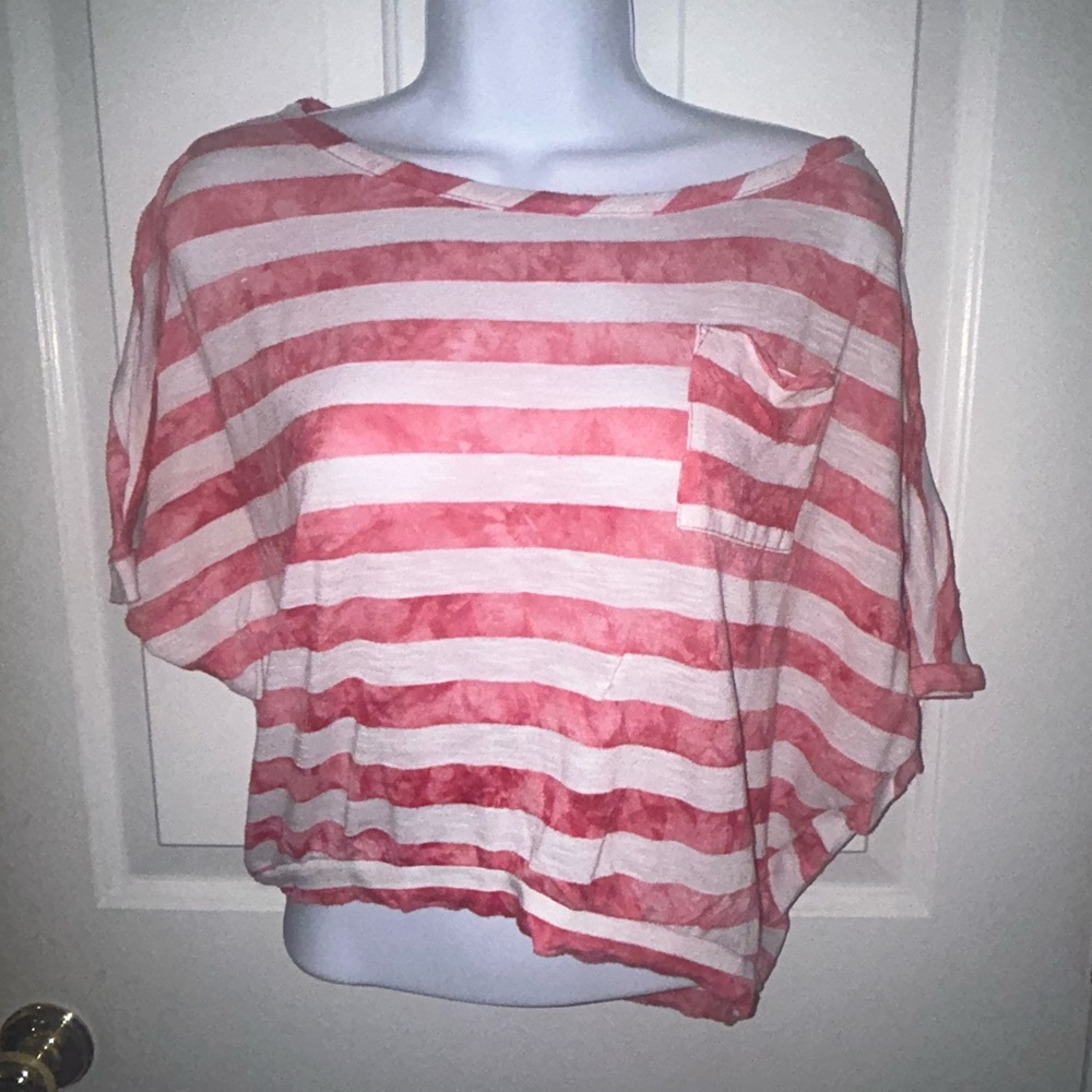 dELiA*s Pink and White Striped Short Sleeve Top